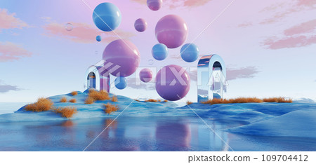 3d Render, Abstract Surreal pastel landscape background with arches and podium for showing product, panoramic view, Colorful dune scene with copy space, blue sky and cloudy, Minimalist decor design 109704412