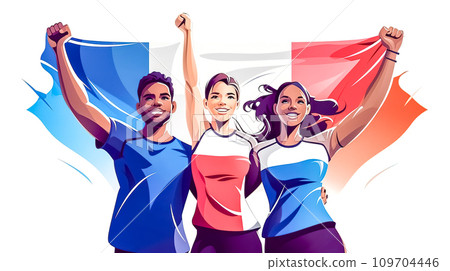 AI-generated content. Athletes of different nationalities unite in victory, French flag symbolizing the 2024 Olympics in Paris, cartoon 109704446