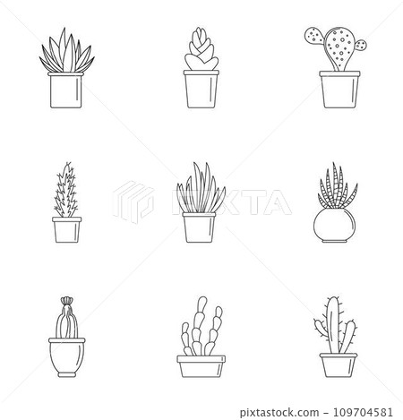 Home cactus pot icon set. Outline set of 9 home cactus pot vector icons for web design isolated on white background Home cactus pot icon set. Outline set of 9 home cactus pot vector icons for web design isolated on white background 109704581