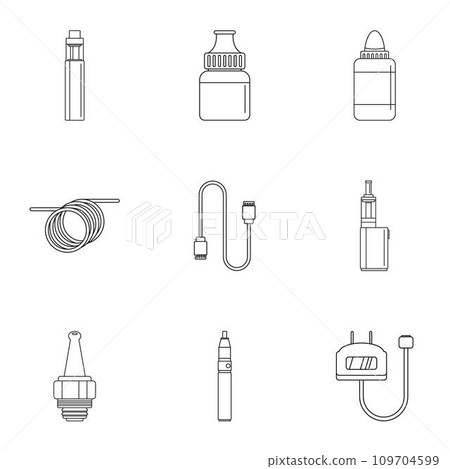 Electronic cigarette icon set. Outline set of 9 electronic cigarette vector icons for web design isolated on white background Electronic cigarette icon set. Outline set of 9 electronic cigarette vector icons for web design isolated on white background 109704599