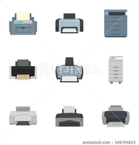 Printer icon set. Flat set of 9 printer vector icons for web design Printer icon set. Flat set of 9 printer vector icons for web design 109704625