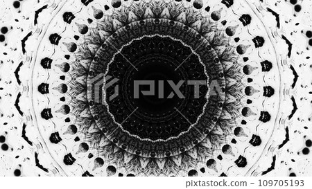 Ink kaleidoscope. Whimsical ornament. Black paint circle symmetrical geometric pattern on white art illustration abstract background. Ink kaleidoscope. Whimsical ornament. Black paint circle symmetrical geometric pattern on white art illustration abstract background. 109705193