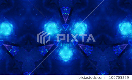 Neon graphic. Cyber ornament. Futuristic fractal. Blue color led glow triangle shape geometric pattern on dark abstract illustration background. Neon graphic. Cyber ornament. Futuristic fractal. Blue color led glow triangle shape geometric pattern on dark abstract illustration background. 109705229