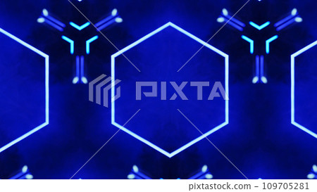 Futuristic background. Geometric graphic. Blue color glowing neon hexagon shape digital ornament frame on dark free space abstract illustration. 109705281