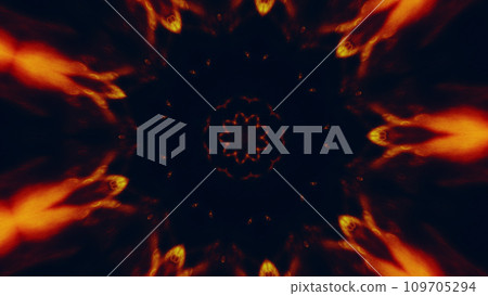Mandala overlay. Floral ornament. Orange color glowing round frame design on dark black illustration abstract empty space background. 109705294
