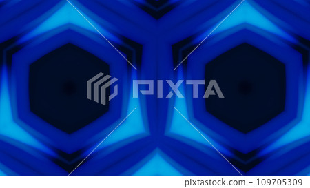 Defocused neon graphic geometric design. Blur blue color light hexagon shape symmetrical futuristic ornament on dark black abstract illustration background. Defocused neon graphic geometric design. Blur blue color light hexagon shape symmetrical futuristic ornament on dark black abstract illustration background. 109705309