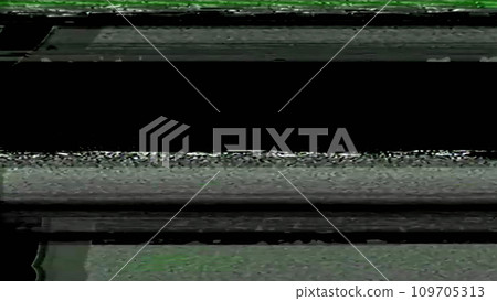 Glitch noise. Screen distortion. VHS defect. Green white color grain stripes texture on dark black abstract copy space illustration background. Glitch noise. Screen distortion. VHS defect. Green white color grain stripes texture on dark black abstract copy space illustration background. 109705313