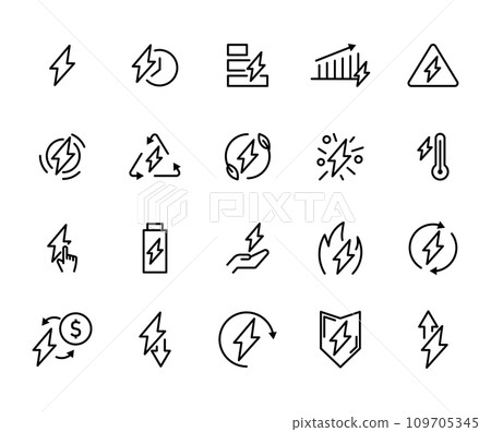 Vector line icon set energy related. Electricity symbol power outline and thin environment collection. Ecology and recycling battery. Technology industry resource and global efficiency 109705345