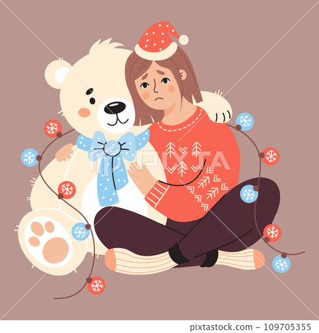 Lonely unhappy girl with big teddy bear and garland for Christmas. Vector illustration. Concept of loneliness and sadness during holidays. Alone New Year female character. 109705355