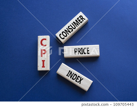 CPI - Consumer Price Index symbol. Concept word CPI on wooden blocks. Beautiful deep blue background. Business and CPI concept. Copy space. 109705443