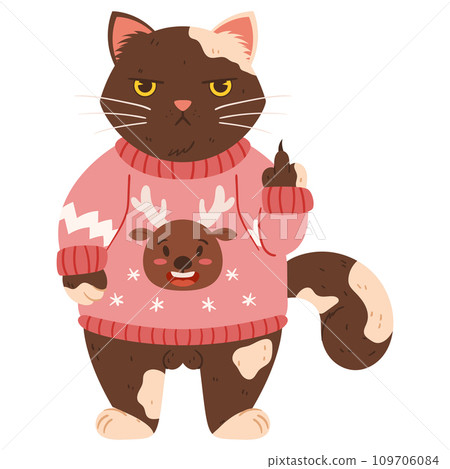 A disgruntled cat stands in a Christmas sweater and shows his middle finger. Grumpy Fluffy Cat is a brown colored wearing a pink sweater and a drawing of a jolly reindeer on it A disgruntled cat stands in a Christmas sweater and shows his middle finger. Grumpy Fluffy Cat is a brown colored wearing a pink sweater and a drawing of a jolly reindeer on it 109706084