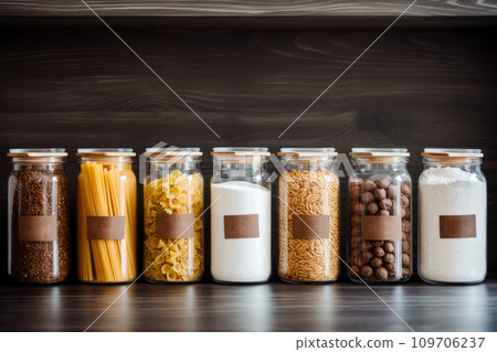 Neatly organized and labeled baking ingredients in storage containers. Organized food pantry in kitchen with spices, grains, flours and rice. Generative AI 109706237