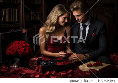 Valentines Day Romance. Couple Exchanging Heartfelt Gifts in Celebration of Love Valentines Day Romance. Couple Exchanging Heartfelt Gifts in Celebration of Love 109706365