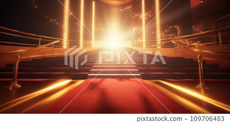 red carpet and gold ropes at a golden staircase 109706483