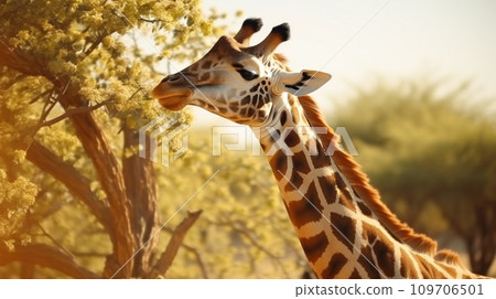 cute giraffe eats leaves from tree on Africa 109706501