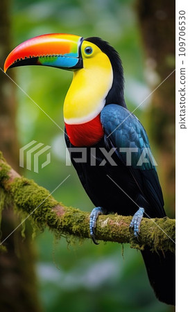 A stunning close-up of a brilliantly colored toucan perched on a tree branch A stunning close-up of a brilliantly colored toucan perched on a tree branch 109706530