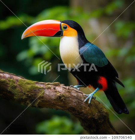 A stunning close-up of a brilliantly colored toucan perched on a tree branch A stunning close-up of a brilliantly colored toucan perched on a tree branch 109706540