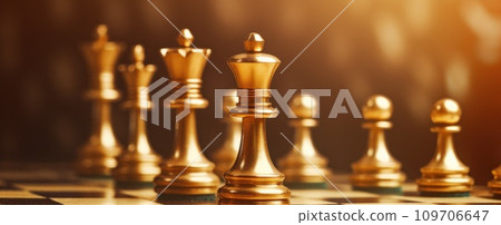 golden chess pieces on a table golden chess pieces on a table 109706647