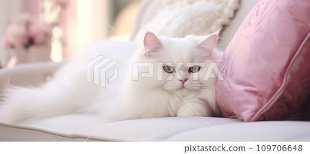 a white cat is laying on a pink couch with pillows a white cat is laying on a pink couch with pillows 109706648