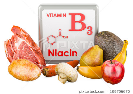 Products containing Vitamin B3, Niacin. 3D rendering Products containing Vitamin B3, Niacin. 3D rendering 109706670