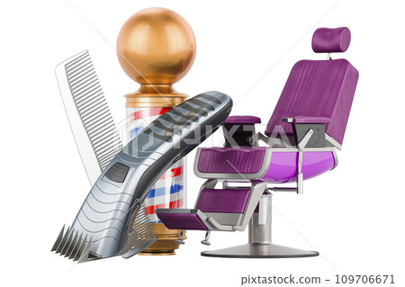 Barber Chair with barber pole hair comb and electric hair clipper, 3D rendering Barber Chair with barber pole hair comb and electric hair clipper, 3D rendering 109706671