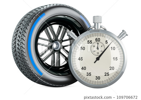 Racing wheel blue wet, compound type tyre with stopwatch. 3D rendering 109706672