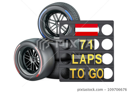 Austrian racing, pit board with flag of Austria and racing wheels with different compounds type tyres. 3D rendering Austrian racing, pit board with flag of Austria and racing wheels with different compounds type tyres. 3D rendering 109706676
