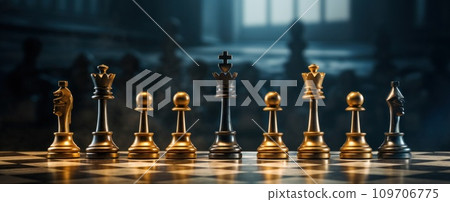 king stands alone with several chess pieces behind him 109706775