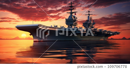 an aircraft carrier is floating on the ocean at sunset an aircraft carrier is floating on the ocean at sunset 109706778
