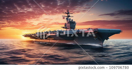 an aircraft carrier is floating on the ocean at sunset 109706780