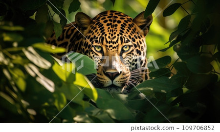 A beautiful and elusive jaguar peers out from behind a tree 109706852