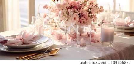 table settings with flowers in flower vase by a couple 109706881