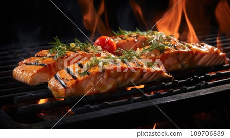 some salmon grilled on breads, cinematic elegance some salmon grilled on breads, cinematic elegance 109706889