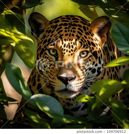 A beautiful and elusive jaguar peers out from behind a tree A beautiful and elusive jaguar peers out from behind a tree 109706912