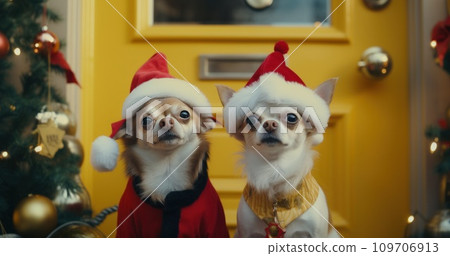 two chihuahua dogs in santa hats sitting on front door 109706913
