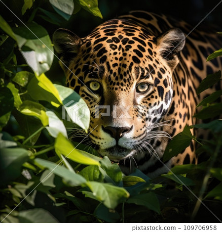 A beautiful and elusive jaguar peers out from behind a tree 109706958