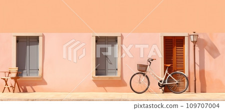 two bicycles leaning up against an orange house 109707004