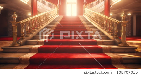 red carpet and gold ropes at a golden staircase 109707019