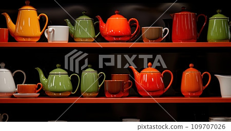 several tea pots and cups on a counter with tiled shelves several tea pots and cups on a counter with tiled shelves 109707026