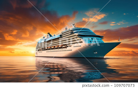 the cruise ship on the ocean at sunset with sunset colored sky the cruise ship on the ocean at sunset with sunset colored sky 109707073