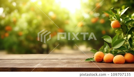 wooden table in an orange orchard 109707135