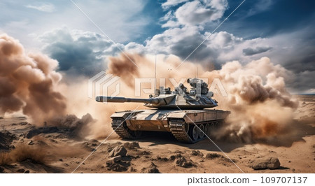 tank in the desert with smoke coming from the exhaust system 109707137