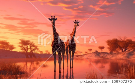 two giraffes in an arid wilderness 109707270