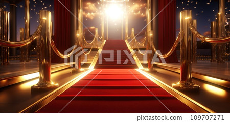 scene with golden railings and red carpet near lights 109707271