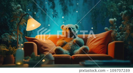 a bear is sitting on a blue couch in a room a bear is sitting on a blue couch in a room 109707289