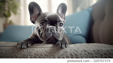little french bulldog laying on the couch 109707374