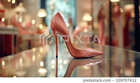 an individual high heel shoe standing in a fashion store 109707432