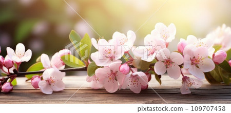 apple blossoms on wooden table 109707458