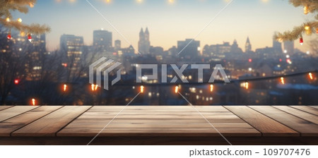 open wooden table and christmas tree in a cityscape background open wooden table and christmas tree in a cityscape background 109707476