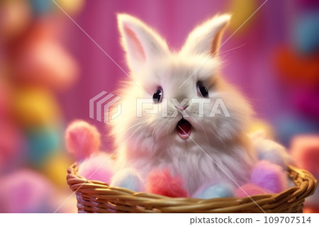 Easter bunny in a basket with Easter eggs 109707514